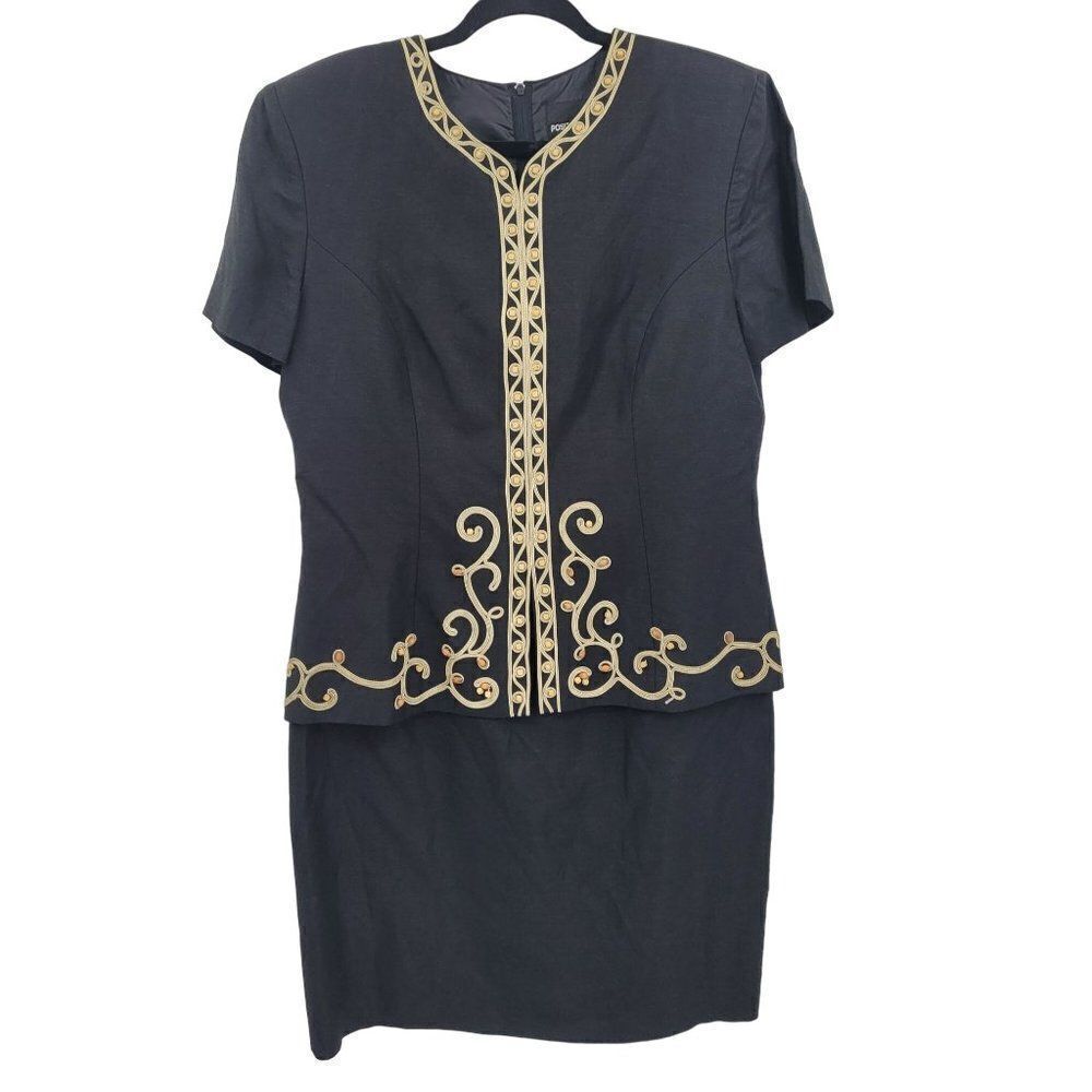 Vtg 80s Black Linen Petite Dress Sz 14P Gold Embroidered Beaded Peplum Layered